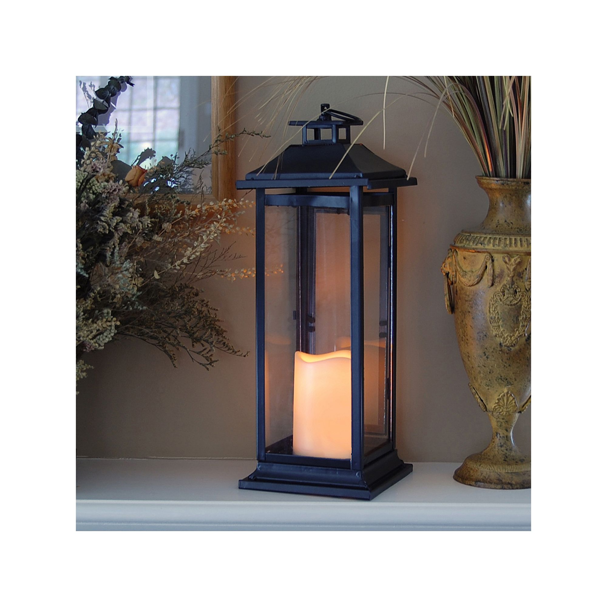 LumaBase Metal Lantern and LED Pillar Candle 2-piece Set, Black