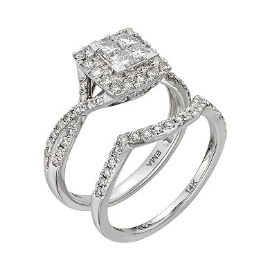 IGL Certified Diamond Crisscross Square Halo Engagement Ring Set in 14k White Gold (1 Carat T.W.)