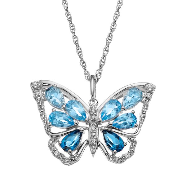 Blue Topaz Sterling Silver Butterfly Pendant Necklace