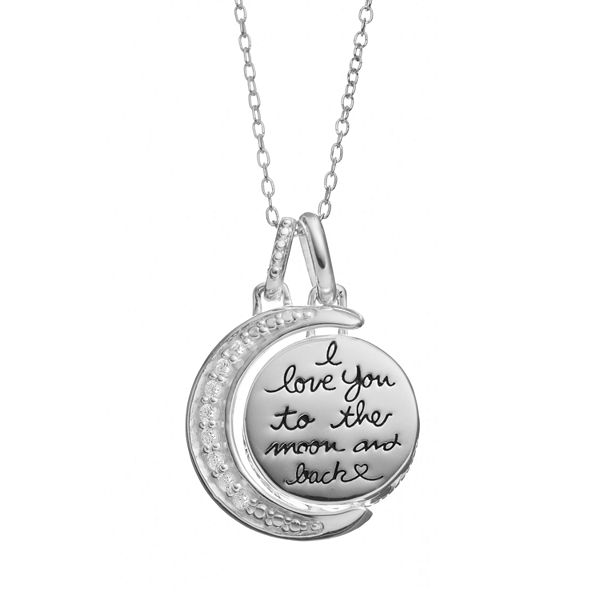 Love You To The Moon Back Cubic Zirconia Sterling Silver Moon Pendant Necklace