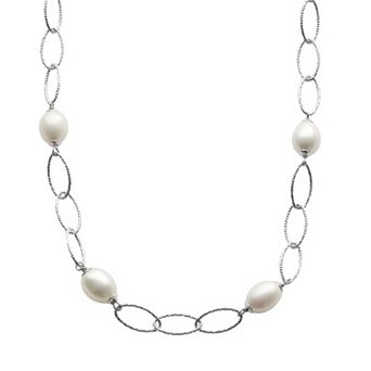 PearLustre by Imperial Freshwater Cultured Pearl Sterling Silver Textured Oval Link Station Necklace