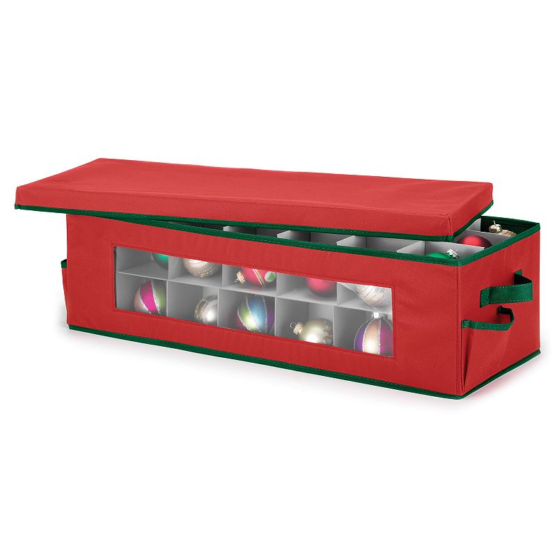 Whitmor Metal Storage Box 42 Compartments with Outer Pocket for Ornament Hooks - Red & Green, 50 pound capacity