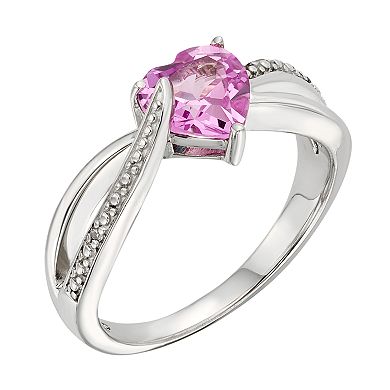 Lab-Created Pink Sapphire and Diamond Accent Sterling Silver Heart Bypass Ring