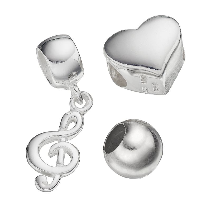 Individuality Beads Sterling Silver Heart Bead and Trebel Clef Charm Set, W