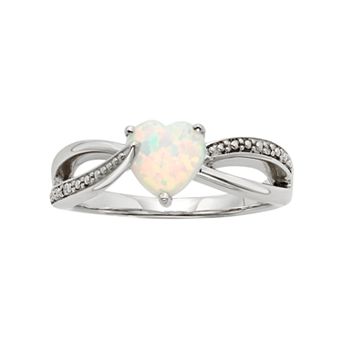 Lab-Created Opal and Diamond Accent Sterling Silver Heart Bypass Ring