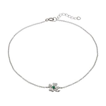 Sophie Miller Cubic Zirconia & Simulated Emerald Sterling Silver Four Leaf Clover Anklet