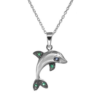 Sophie Miller Simulated Emerald & Simulated Sapphire Sterling Silver Dolphin Pendant Necklace