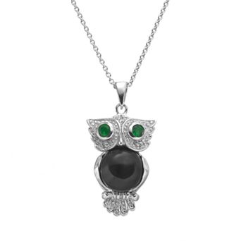 Sophie Miller Onyx, Simulated Emerald & Cubic Zirconia Sterling Silver Owl Pendant Necklace