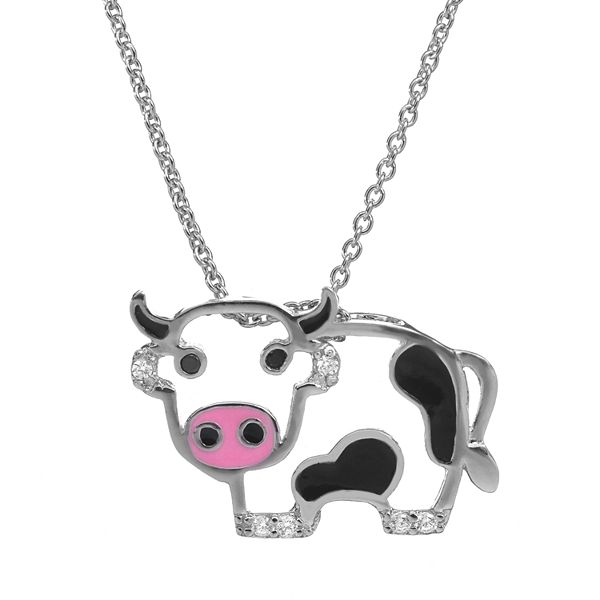 Sophie Miller Black & White Cubic Zirconia Sterling Silver Cow Pendant  Necklace