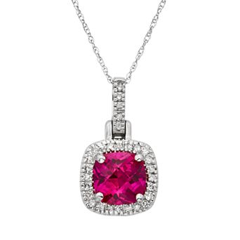 Lab-Created Ruby & 1/8 Carat T.W. Diamond 10k White Gold Halo Pendant Necklace