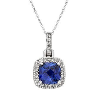 Lab-Created Sapphire & 1/8 Carat T.W. Diamond 10k White Gold Halo Pendant Necklace