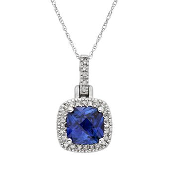 Lab-Created Sapphire & 1/8 Carat T.W. Diamond 10k White Gold Halo Pendant Necklace