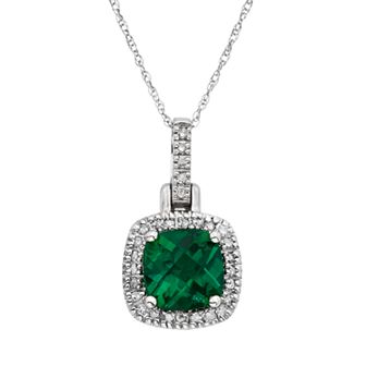 Lab-Created Emerald & 1/8 Carat T.W. Diamond 10k White Gold Halo Pendant Necklace