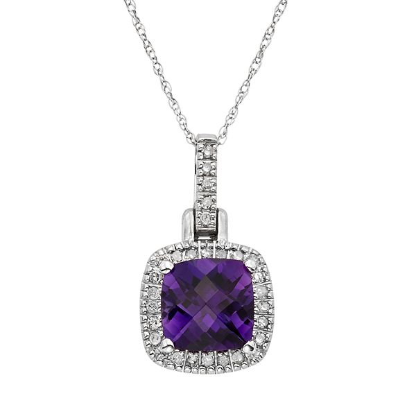 Amethyst & 1/8 Carat T.W. Diamond 10k White Gold Halo Pendant Necklace