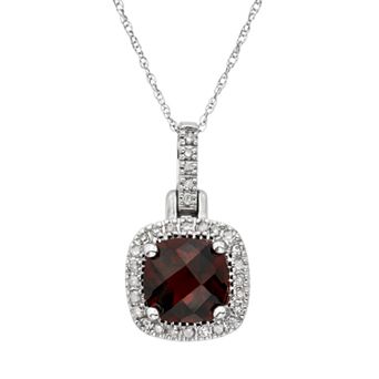 Garnet & 1/8 Carat T.W. Diamond 10k White Gold Halo Pendant Necklace