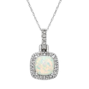 Lab-Created Opal & 1/8 Carat T.W. Diamond 10k White Gold Halo Pendant Necklace