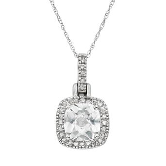 Lab-Created White Sapphire & 1/8 Carat T.W. Diamond 10k White Gold Halo Pendant Necklace