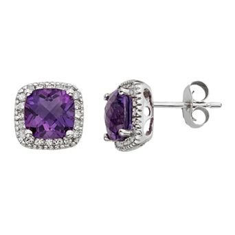 Amethyst & 1/6 Carat T.W. Diamond 10k White Gold Halo Button Stud Earrings
