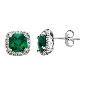 Lab-Created Emerald & 1/6 Carat T.W. Diamond 10k White Gold Halo Button Stud Earrings