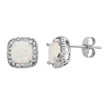 Lab-Created Opal & 1/6 Carat T.W. Diamond 10k White Gold Halo Button Stud Earrings