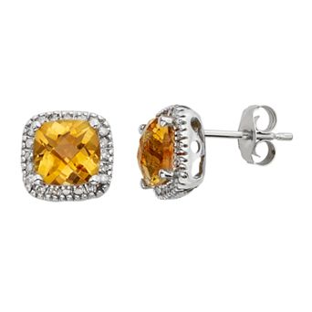 Citrine & 1/6 Carat T.W. Diamond 10k White Gold Halo Button Stud Earrings