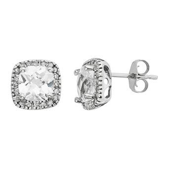 Lab-Created White Sapphire & 1/6 Carat T.W. Diamond 10k White Gold Halo Button Stud Earrings