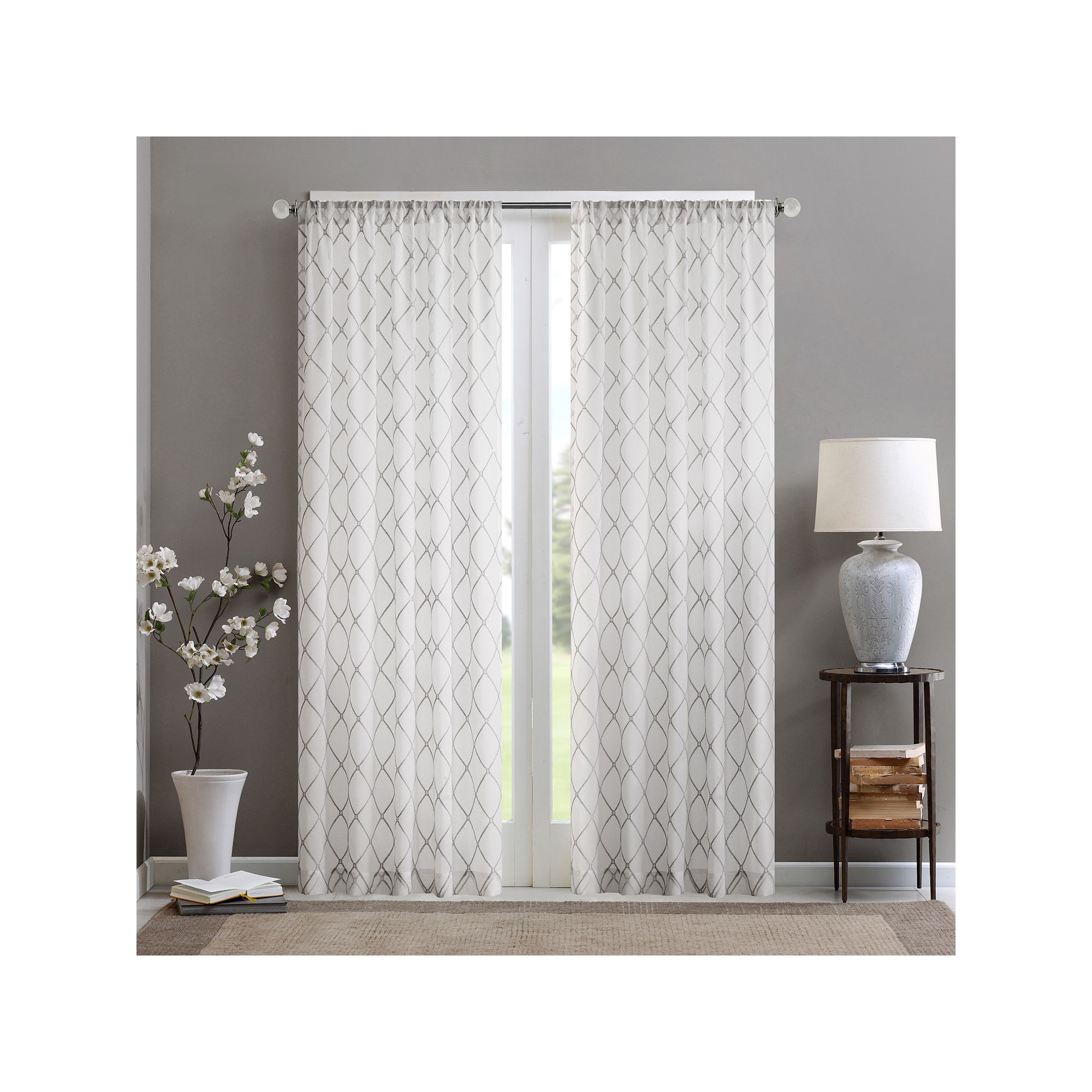 Madison Park 1-Panel Iris Diamond Sheer Window Curtain, White Gray