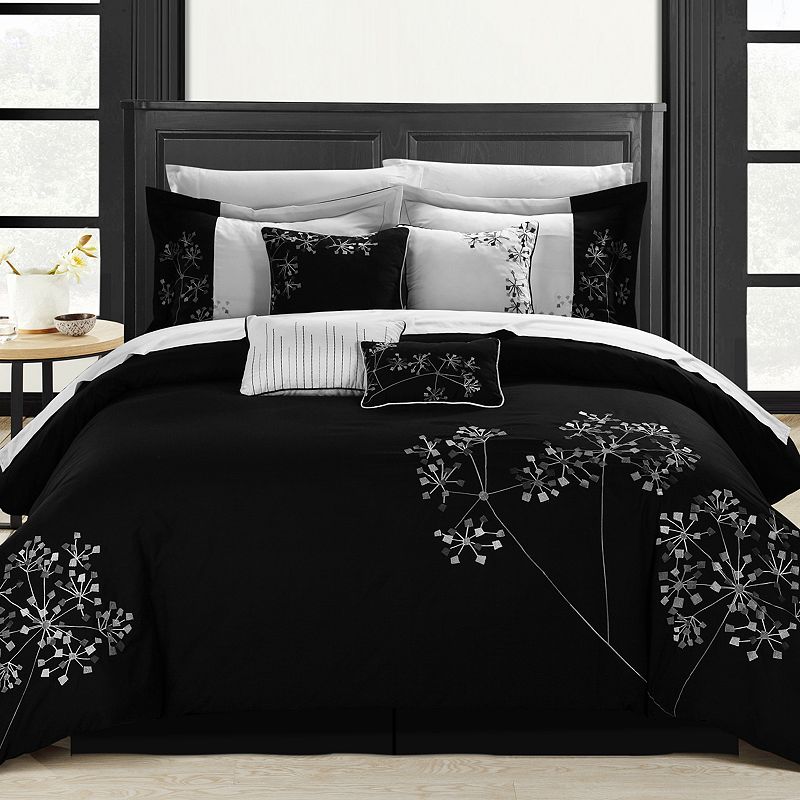 12-pc. Floral Bed Set, Black, Queen