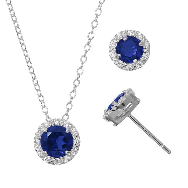 Lab-Created Sapphire & Cubic Zirconia Sterling Silver Halo Pendant Necklace  & Stud Earring Set