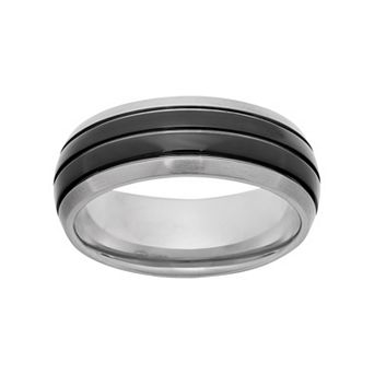 Jewelry Nation Titanium and Black Ion-Plated Titanium Striped Wedding Band - Men