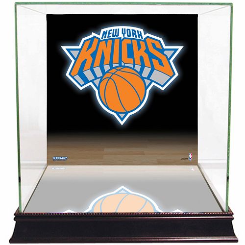 Steiner Sports Glass Basketball Display Case with New York Knicks Logo Background
