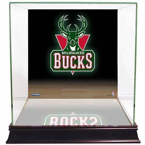 Steiner Sports Glass Basketball Display Case with Milwaukee Bucks Logo Background