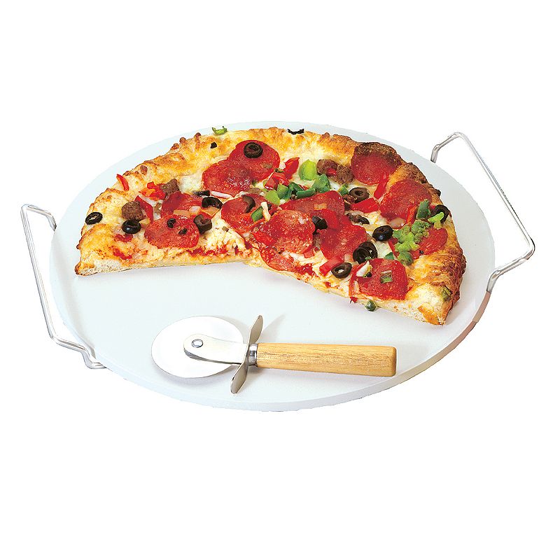 Fox Run 3914 Pizza Stone Set with Rack and Pizza Cutter, Multicolor