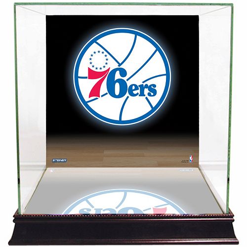 Steiner Sports Glass Basketball Display Case with Philadelphia 76ers Logo Background
