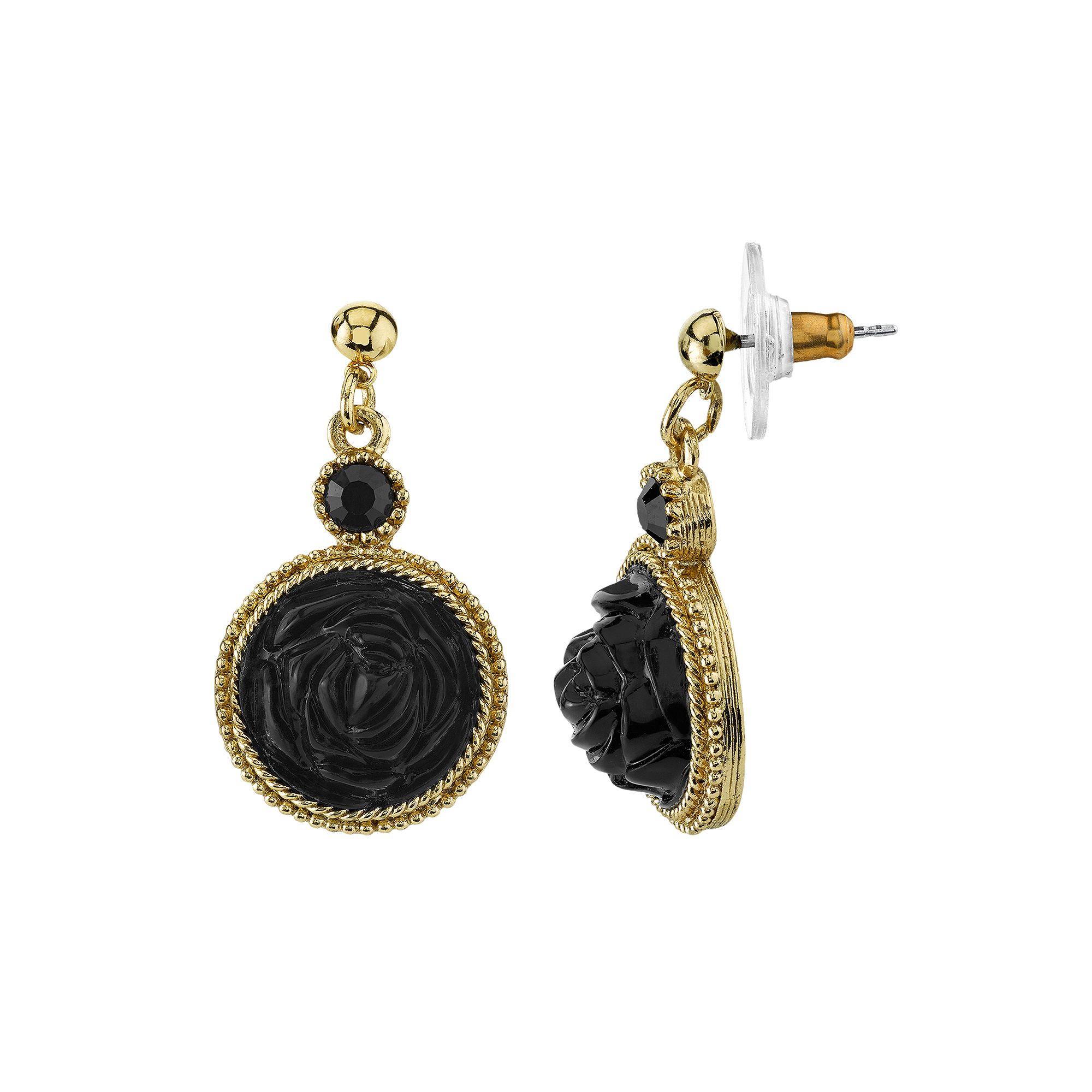 1928 Flower Drop Earrings, Womens, Black