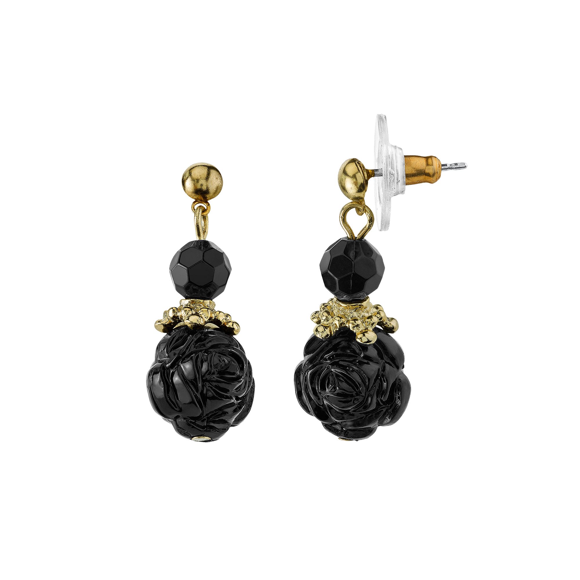 1928 Flower Ball Drop Earrings, Womens, Black