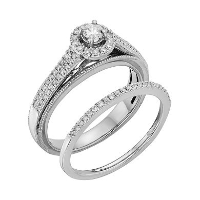 Diamond Halo Engagement Ring Set in 10k White Gold (1/2 Carat T.W.)