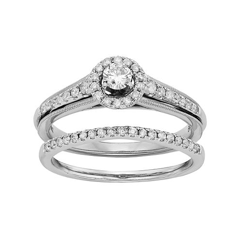Diamond Halo Engagement Ring Set in 10k White Gold (1/2 Carat T.W.)