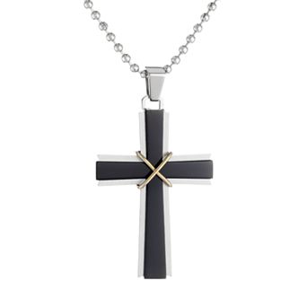LYNX Tri-Tone Stainless Steel Cross Pendant Necklace - Men