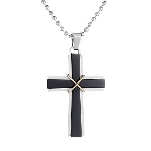 LYNX TriTone Stainless Steel Cross Pendant Necklace Men