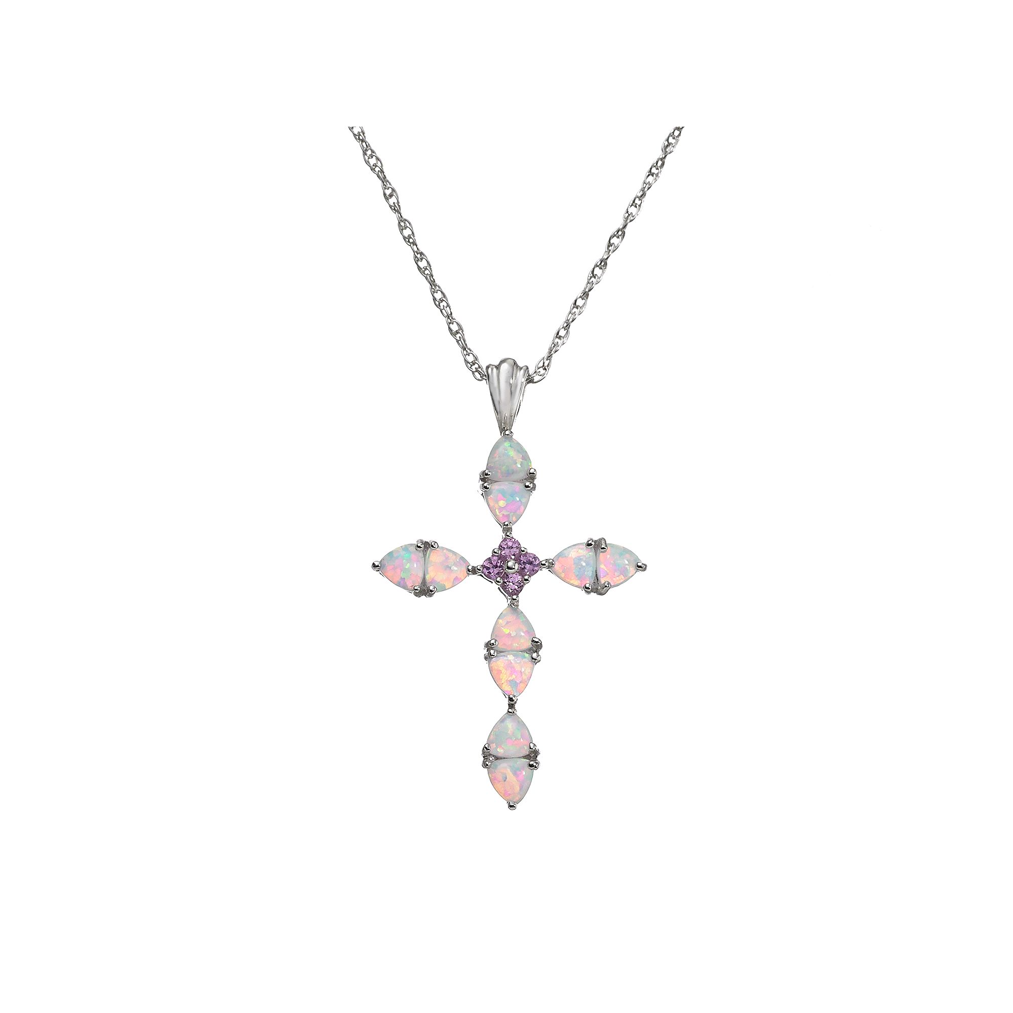 Lab-Created Opal & Lab-Created Pink Sapphire Sterling Silver Cross Pendant