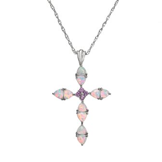 Classic Treasures Lab-Created Opal and Lab-Created Pink Sapphire Sterling Silver Cross Pendant Necklace
