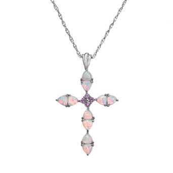 Classic Treasures Lab-Created Opal and Lab-Created Pink Sapphire Sterling Silver Cross Pendant Necklace