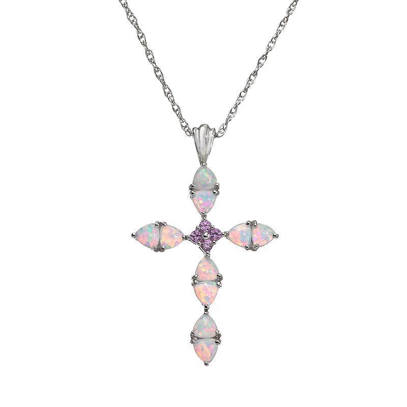 Lab-Created Opal and Lab-Created Pink Sapphire Sterling Silver Cross Penda