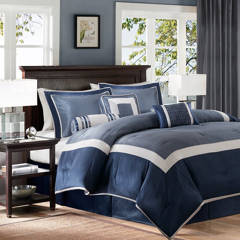 7pc Queen Beverly Polyoni Comforter Set - Navy: Madison Park, Hypoallergenic, Machine Washable