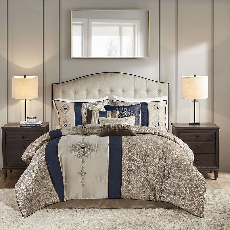 7pc California King Perry Comforter Set Navy - Madison Park: Hypoallergenic, Jacquard Design, Machine Washable