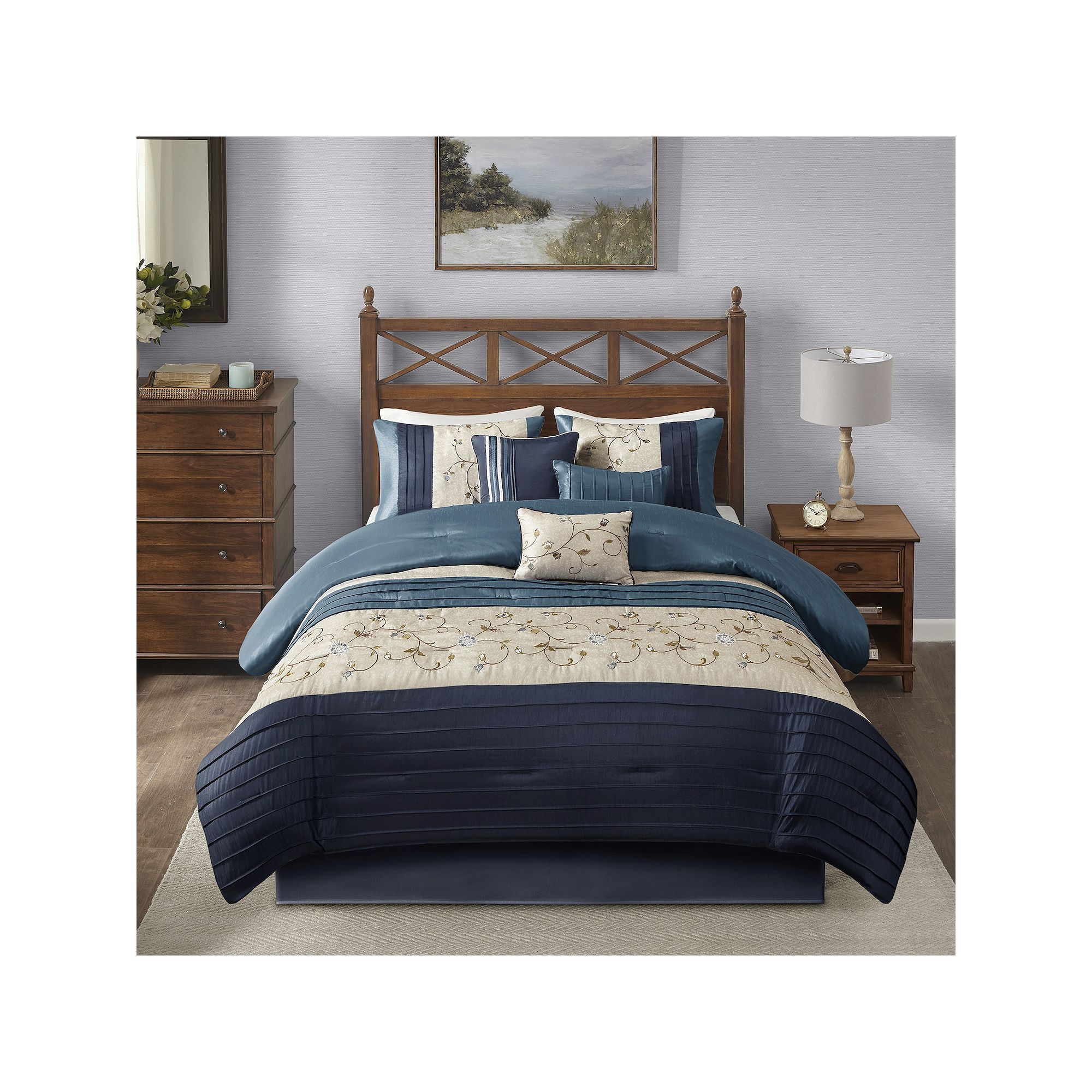 Madison Park Belle 7-piece Comforter Set with Throw Pillows, Blue