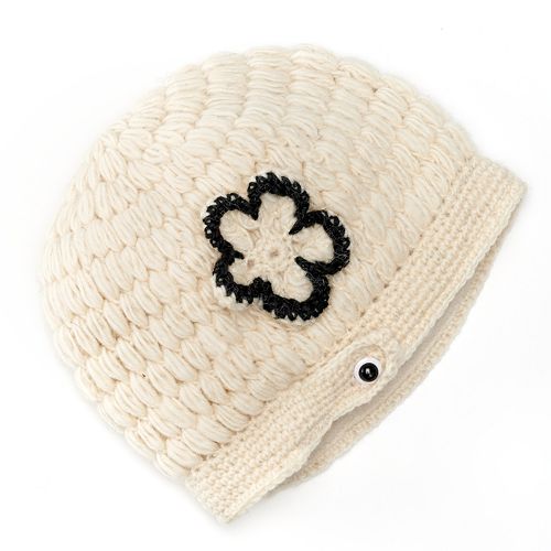 SIJJL Flower Crochet Fleece-Lined Wool Beanie Hat