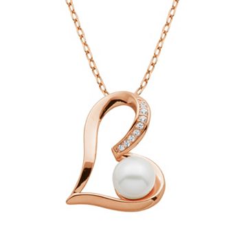 Classic Treasures Freshwater Cultured Pearl and Lab-Created White Sapphire 18k Rose Gold Over Silver Heart Pendant Necklace