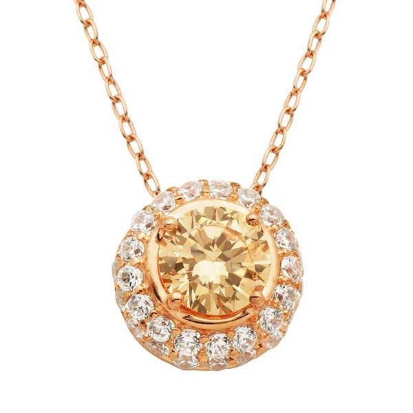 Champagne & White Cubic Zirconia 18k Rose Gold Over Silver Halo Pendant ...